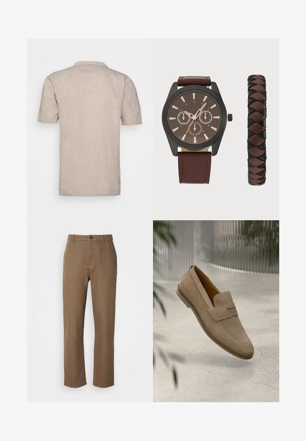 Kreklu ar īsām piedurknēm, beidzēts ar kakla, izgatavots no bežīgas lina auduma, ar strukturētu virsmu un taisnu apakšmalu, bez redzamām rakstainēm vai akcentiem.; Brūni kokvilnas bikses ar taisnu griezumu, pogu aizdari un sānu kabatām. Tām ir gluda tekstūra un vienkāršs, bez rotājumiem izstrādāts dizains.; Bajdzīnu zamšs zābaks bez sasaistes ar mokasīnu stila dizainu, ar dekoratīvu siksnu un šuvju detaļām, kas atrodas virs teksturētas virsmas.; Pier One SET - Pulkstenis - black/brown