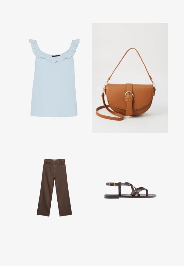Ljusblå ärmlös topp med rynkad halsringning. Tillverkad av textil med struktur, har en lös passform och en enkel, odekorerad design.; Breda bruna jeans i denim med hög midja, framfickor och klassisk knäppning. Slät textur med subtil sömnad.; Bruna lädersandaler med korsade remmar, spänne runt vristen och en platt sula med minimala sömnadsdetaljer.; Brun läder crossbody-väska med en böjd form, gyllene detaljer och en spänneaccent. Har en avtagbar axelrem.