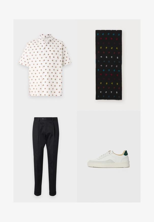 Trumpas rankovėmis marškinėliai iš baltos medžiagos, su pakartotiniais gėlių raštais mėlyna, raudona ir auksine spalvomis, su kairiuoju krūtinės kišeniu ir mygtukų uždarymu.; Juodos kelnės pagamintos iš lygaus audinio, su raukšle priekyje, mygtuko uždarymu ir suknežintomis rankovėmis ties kulkšnimi.; Baltos sportbačiai su zomšos akcentais, apvaliu nosiu, plokščiais raišteliais ir kreminės spalvos guminiu padu. Ant kulno yra žalia ženklinimo detalė.; Juodas šalikas su pakartotiniais daugiaspalviais „P“ raštais raudona, geltona, mėlyna, rožine ir balta spalvomis. Minkšta medžiaga su nusklembtais kraštais.