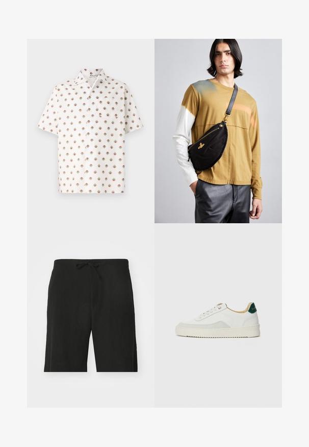 Camicetta a maniche corte in tessuto bianco, con una fantasia floreale ripetuta nei colori blu, rosso e oro, dotata di taschino sul lato sinistro e chiusura con bottoni.; Pantaloni corti neri in lino con vita regolabile, caratterizzati da una vestibilità rilassata e un design lungo fino al ginocchio. Texture liscia, stile semplice e classico.; Sneaker bianco con accenti in camoscio, punta rotonda, lacci piatti e suola in gomma crema. Presenta un marchio verde sul tallone.; Vivienne Westwood CITY BUMBAG UNISEX - Marsupio - black
