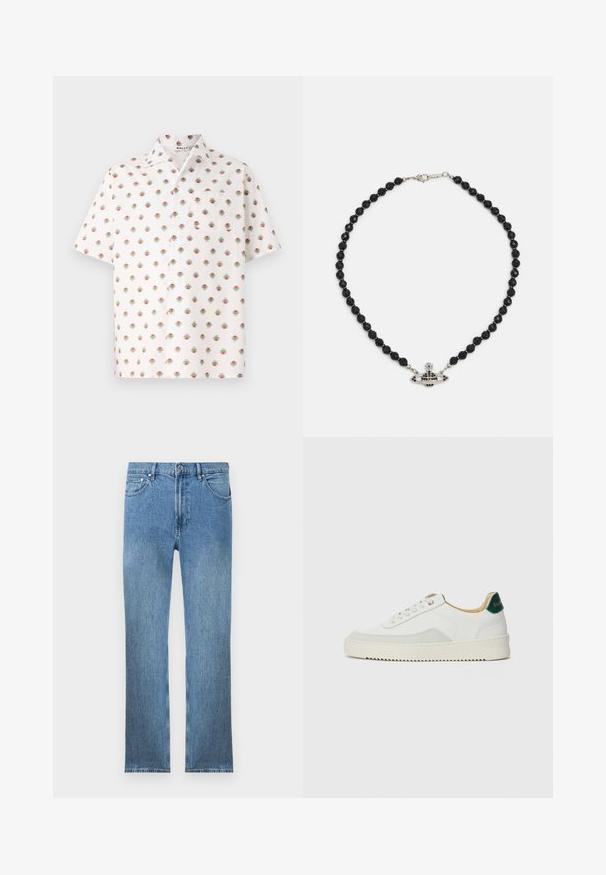 Short-sleeve shirt in white fabric, featuring a repeated floral pattern in blue, red, and gold, with a left chest pocket and button closure.; Light blue denim jeans with a straight cut, five pockets, a zipper fly, and contrasting stitching. Fabric has a smooth, textured finish.; White sneaker with suede accents, rounded toe, flat laces, and a cream rubber sole. Features green branding on the heel.; Black bead necklace with a faceted design, featuring silver-tone hardware and a central decorative emblem resembling a crown.