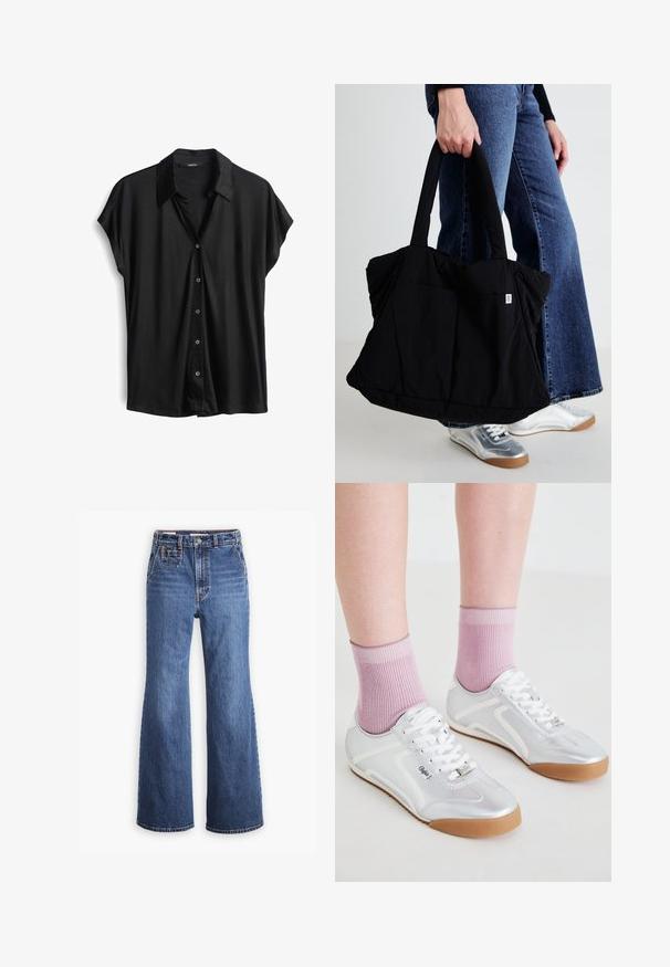 Camicia nera a maniche corte con bottoni e colletto, realizzata in tessuto liscio con una vestibilità rilassata e una leggera lucentezza. Chiusura con cinque bottoni.; Cardigan nero a coste con maniche lunghe, scollo rotondo e chiusura anteriore con bottoni, caratterizzato da bottoni argentati. Adatto al corpo con una superficie liscia.; Jeans in denim blu a vita alta con design a gamba larga, dotati di tasca frontale, chiusura con bottone in ottone e cuciture a contrasto.; Scarpe da ginnastica argentate con accenti bianchi e suole in gomma, abbinate a calze rosa a coste, che mostrano un design a profilo basso.; Borsa a rete nera con un design morbido, due manici resistenti e una piccola etichetta con logo sulla parte anteriore, tenuta da una persona in denim.