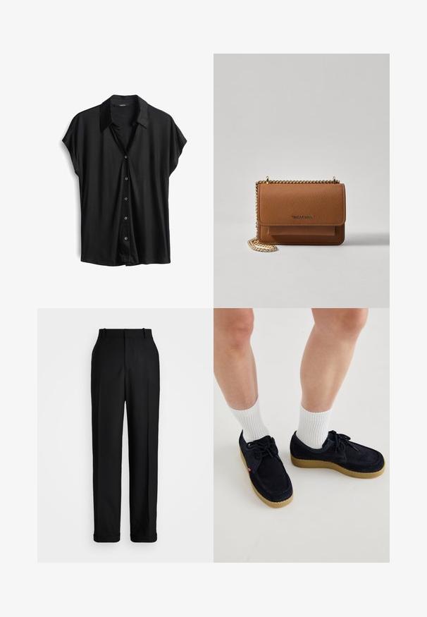 Schwarzes Kurzarmhemd mit Knopfverschluss und Kragen, aus glattem Stoff mit lockerer Passform und subtiler Schimmerei. Fünf Knopfverschlüsse.; Polo Ralph Lauren HIGH RISE RELAXED STRAIGHT TROUSER - Stoffhose - black; Marineblaue Wildlederschuhe mit runder Zehenpartie, Schnürdesign und cremefarbener Gummisohle. Kombiniert mit weißen gerippten Socken.; Braune strukturierte Ledertasche mit goldener Kettenriemen und Klappenverschluss. Die Vorderseite zeigt ein Logo-Detail und eine Tasche unter der Klappe.