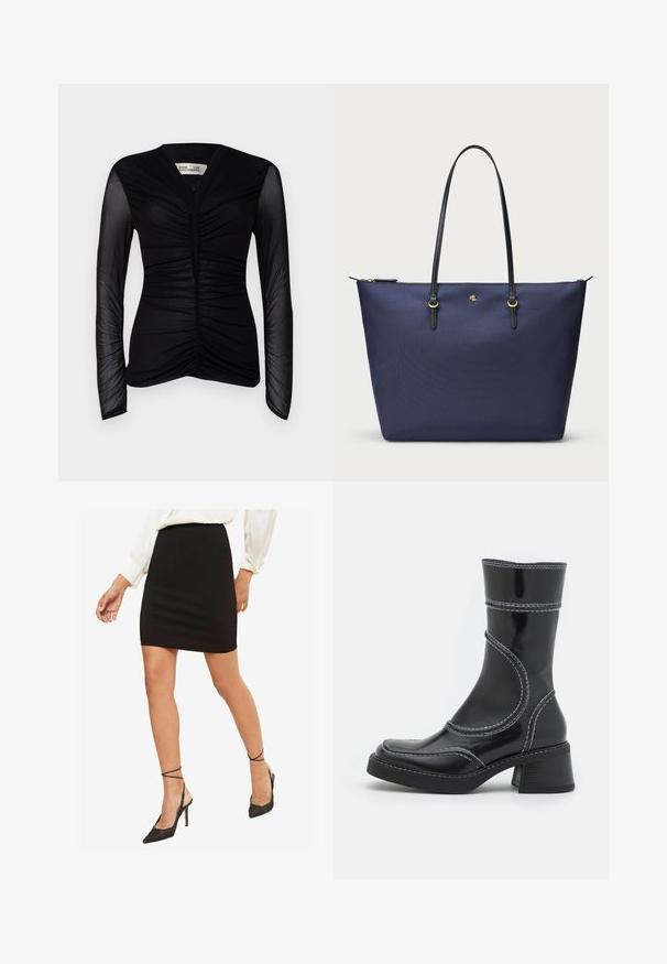 Mustat pitkähihainen paita, jossa on rypistetty etuosa, valmistettu kevyestä kankaasta. Sisältää läpinäkyvät hihat ja V-pääntien.; Mustat kapeat mini-hameet, sileä materiaali, keskikorkea vyötärö, yhdistetty mustien kärjellisten korkokenkien kanssa, joissa on nilkkahihnat.; Musta lakattu nahkasaapas nilkkamallissa, jossa on valkoiset ompeleet, pyöreä kärki ja lohkarekorko. Ominaisuuksiin kuuluvat kaarevat muotoilulinjat ja sileä pinta.; Tummansininen kassi, joka on valmistettu teksturoidusta kankaasta, mustilla nahkahandleilla ja kultaisilla yksityiskohdilla. Vetoketjukiinnitys ylhäällä.