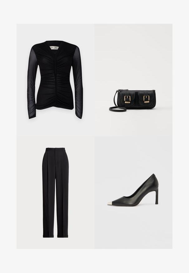 Mustat pitkähihainen paita, jossa on rypistetty etuosa, valmistettu kevyestä kankaasta. Sisältää läpinäkyvät hihat ja V-pääntien.; Mustat räätälöidyt housut, joissa on korkea vyötärö, etupuolella laskokset, suora lahjeturmu ja käännetty helma. Valmistettu sileästä kankaasta.; Musta nahkainen korkokenkä, jossa on kärkiosa ja metallinen hopeanvärinen kärki. Kenkä on sileäpintainen ja siinä on kapea 10 cm korko.; Musta nahkainen olkalaukku, jossa on kaksi etutaskua, kultaiset soljet, vetoketjukiinnitys ja kapea hihna. Teksturoidun pinnan ja kompaktin suorakaiteen muoto.