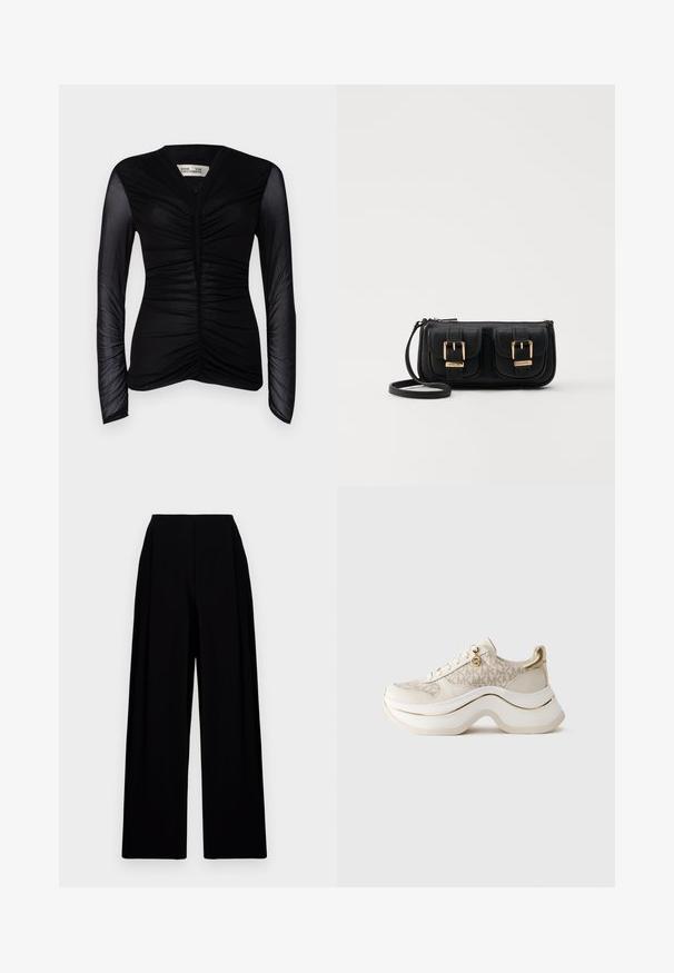 Mustat pitkähihainen paita, jossa on rypistetty etuosa, valmistettu kevyestä kankaasta. Sisältää läpinäkyvät hihat ja V-pääntien.; Lösa svarta byxor med hög midja, med en slät textur och rena linjer. Inga synliga knäppningar eller mönster.; Beige ja kullakarva platvormikeed, millel on "MK" muster, nöörimist edela ees, kullakarvane võlu ja paks laineline tald, mille taustal on tavaline taust.; Musta nahkainen olkalaukku, jossa on kaksi etutaskua, kultaiset soljet, vetoketjukiinnitys ja kapea hihna. Teksturoidun pinnan ja kompaktin suorakaiteen muoto.