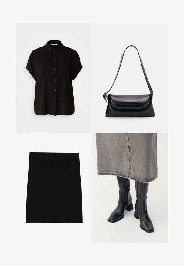 Zwart overhemd met korte mouwen, voorzien van een knopenlijst, kraag en opgerolde mouwuiteinden. Gemaakt van een gladde stof met een relaxte pasvorm.; Zwarte mini rok gemaakt van zachte stof met een aansluitend ontwerp, met een lichte inkeping aan de zijkant voor extra detail.; Zwarte laarzen tot de knie van soepel leer met een vierkante neus en blokhak. Draag ze met een grijze denim rok met een rafelige zoom.; Zwarte leren handtas met een gestructureerde vorm, een gladde textuur en een enkele schouderband. Heeft een subtiele, afgeronde klepontwerp.