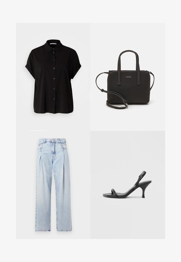Melna īsām piedurknēm krekls ar pogu aizdari priekšā, apkakli un sarullētām piedurknēm. Izgatavots no gludas auduma ar brīvu piegriezumu.; Gaiši zilas džinsu bikses ar augstu jostasvietu, plats kāju griezumu, divām sānu kabatām un krokotā dizaina akcentiem. Mīksta tekstūra ar izdilušu apdari.; Melnas ādas augstpapēžu sandales ar plānu, izliekta formas papēdi un krustenisku siksnu dizainu. Regulējama potītes siksna. Gluda tekstūra.; Melns roku soma ar divām īsām rokturiem un noņemamu plecu siksnu. Gluda ādas līdzīga materiāla ar rāvējslēdzēja aizdari un logos detaļu.
