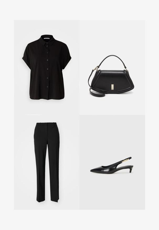 Svart kortermet skjorte med knappestolpe foran, krage og rullede ermer. Laget av glatt stoff med en avslappet passform.; Sorte skreddersydde bukser med rett silhuett, med en glatt tekstur og klare pressede bretter foran. Ingen synlig maskinvare.; Sorte lærreim hæler med spiss tå, som har en slank hæl og en gullfarget detalj på den justerbare stroppen. Glatt tekstur.; Sort lærveske med en strukturert design, som har en avkortet form, topphåndtak og detaljer i gull. Justerbar skulderstropp inkludert.