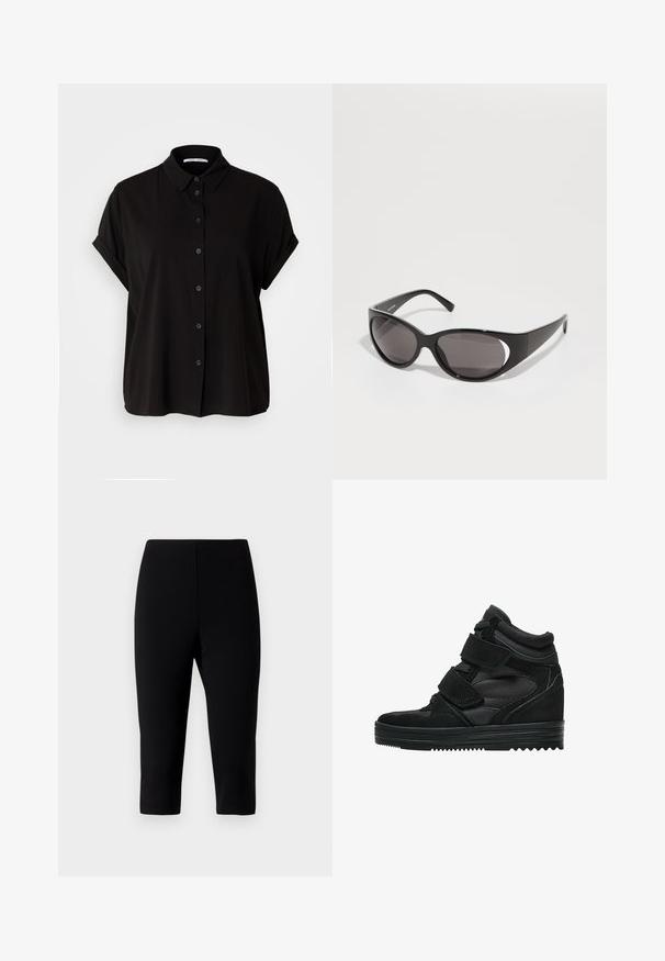 Black short-sleeve shirt featuring a button-up front, collar, and rolled cuffs. Made of smooth fabric with a relaxed fit.; Black capri pants made of stretchy fabric, featuring a fitted design that ends just below the knee with a smooth texture and no visible seams.; Black high-top sneakers made of suede and mesh, featuring Velcro straps, a smooth finish, and a textured rubber sole for traction.; Black sunglasses with oval lenses and a sleek design. The frames are glossy and wide, featuring a cut-out detail on the sides.; Black leather handbag with braided handles, zipper pocket, and hanging tassels. Textured surface with metal studs and hardware accents.