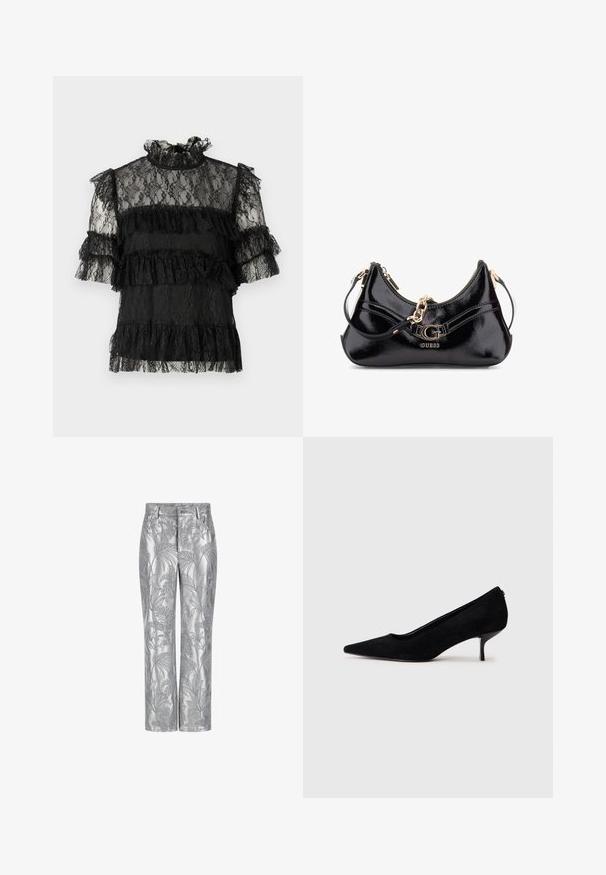 Fekete csipkeblúz fodros rövid ujjakkal és magas gallérral. Réteges fodrokkal és bonyolult virágcsipke mintával rendelkezik.; Ezüst hímzett nadrág, levélmintával, egyenes szárú kialakítással és sima, fényes textúrával. Funkcionális zsebekkel és gombos záródással.; Fekete velúr magassarkú cipő hegyes orral és vékony, alacsony sarokkal. Simább textúrájú, letisztult dizájn, amelyen nincsenek látható fém alkatrészek.; Fekete lakkbőr táska íves kialakítással, aranyszínű fémrészletekkel és egy hangsúlyos logóval. Tartalmaz egy levehető vállpántot.