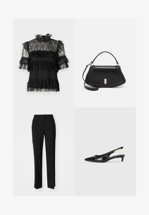 Μαύρη δαντελένια μπλούζα με βολάν κοντά μανίκια και ψηλό λαιμό. Διαθέτει επάλληλες βολάν και περίπλοκο floral μοτίβο δαντέλας σε όλη την επιφάνεια.; Μαύρο παντελόνι με ραφή που έχει σχεδιασμό ίσιας γραμμής, διαθέτει λεία υφή και καθαρές πτυχώσεις κατά μήκος της μπροστινής πλευράς. Χωρίς ορατό μεταλλικό υλικό.; Μαύρες δερμάτινες γόβες slingback με μυτερή μύτη, διαθέτοντας λεπτό τακούνι και χρυσή λεπτομέρεια στην ρυθμιζόμενη λωρίδα. Λείος υφές.; Μαύρη δερμάτινη τσάντα με δομημένο σχέδιο, που διαθέτει κομμένο σχήμα, επάνω λαβή και χρυσά μεταλλικά στοιχεία. Περιλαμβάνει ρυθμιζόμενο λουρί ώμου.
