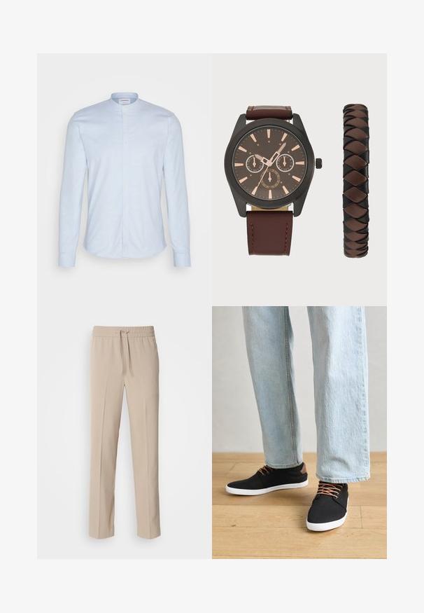 Lichtblauw overhemd met lange mouwen en een mandarin collar, voorzien van een knoopsluiting en zachte, gestructureerde stof. Getailleerde pasvorm met een afgeronde zoom.; Beige, relaxte broek gemaakt van zachte stof, met een elastische tailleband met een trekkoord en rechte pijpen met minimale accenten.; Zwarte canvas sneakers met bruine accenten, witte rubberen zolen en bruine veters, gecombineerd met lichtblauwe spijkerbroeken met rechte pijpen. Houten vloer als achtergrond.; Pier One SET - Horloge - black/brown