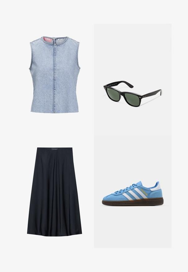 Šviesiai mėlynas džinsinis be rankovių topas su apvaliu iškirpimu, priekiniais užtrauktukais ir nelygiu siūlėmis. Medžiaga turi tekstūruotą išvaizdą.; Juoda, iki kelių siekianti sijonas, pagamintas iš lengvos medžiagos, turinčios sraunią struktūrą. Jame yra lygus paviršius ir subtilūs raukiniai, skirti papildomam akcentui.; Šviesiai mėlyni suediniai sportbačiai su baltomis odinėmis juostelėmis, ruda tekstūruota padais ir auksiniu logotipo akcentu. Žemas dizainas su apvaliu pirštu.; Juodi plastikiniai saulės akiniai su žaliais objektyvais, kvadratiniais rėmeliais, sidabriniu akcentu ant antakio ir tekstūruotais šventyklų šakutėmis. Vidinėje šakutėje nurodyta prekės ženklo pavadinimas.