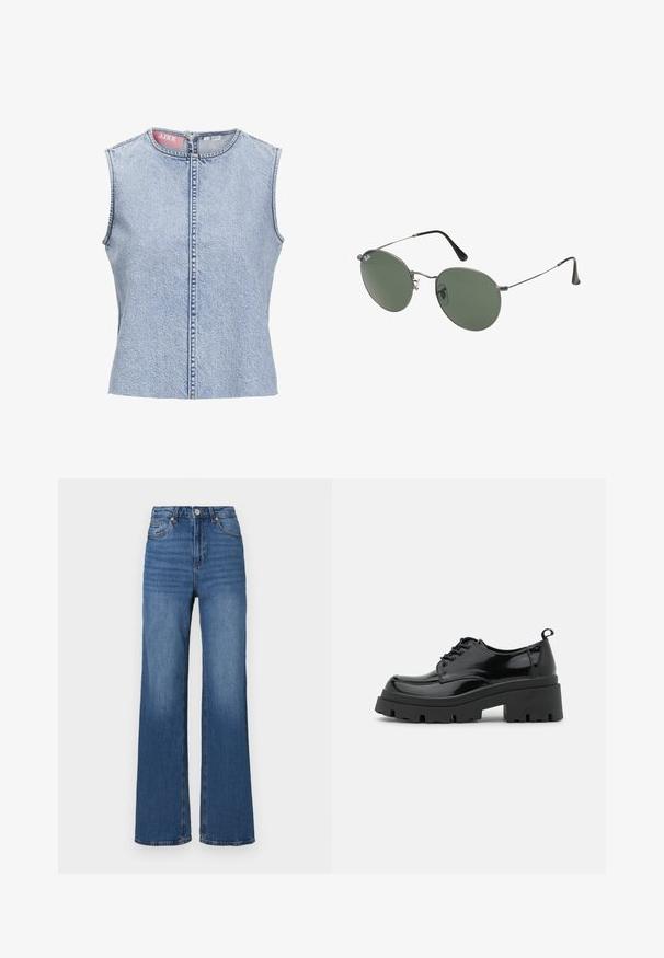 Denim ärmlös topp i ljusblått, med rund halsringning, framknäppning med dragkedja och råa sömmar. Materialet har en texturerad yta.; Två ärmlösa toppar i svart och vitt, tillverkade av ribbat bomull, med rund halsringning och en figurpassande design. Etiketter synliga på båda.; Högmidjade, vida blå jeans i denim, med en klassisk femfickorsdesign och subtila blekningar längs benen.; Svarta lackskinnsskor med en kraftig plattformssula och tjocka snören. Rundad tå, minimal detaljering och en liten hälflik bak.; Metallinramade solglasögon med ovala gröna linser. Tunn silvermetallram och svarta öronpluggar. Minimalistisk design, inga synliga logotyper.