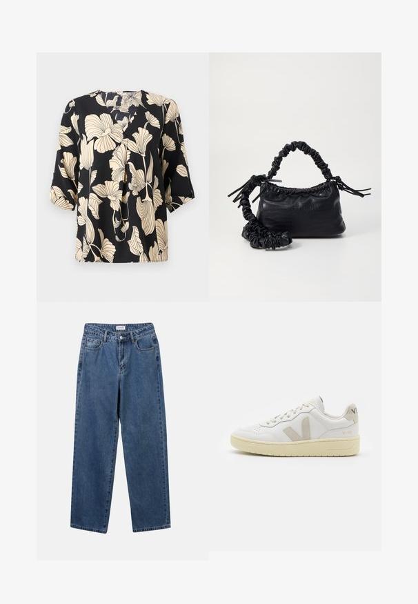 Melnā blūze ar beigu ziedu rakstu, izgatavota no viegla auduma. Tam ir brīvs piegriezums un īsas piedurknes ar smalku krokas detaļu.; Klasiskie zili džinsi ar taisnu kāju dizainu, pieciem kabatām un pogu aizdari. Iezīmējas ar vidēju mazgāšanu un izturīgu tekstūru.; Baltas ādas sporta apavu pāris ar bēšiem zamša akcentiem, caurumiņu purngalā, plakanu šņorēšanu un teksturētu krēmkrāsas zoli. Iezīmējas ar diskrētu zīmolu uz papēža.; Melnā mākslīgās ādas rokassoma ar krokodila rakstu, savilkta augšdaļa un saburzīta siksna. Izskatās mīksta un kompakta pēc dizaina.