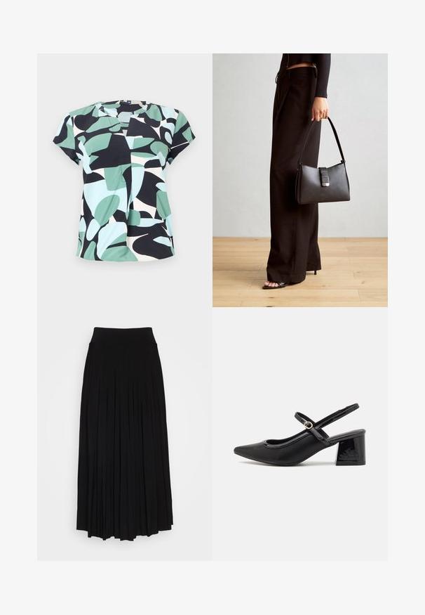 Kortärmad blus med ett blockmönster i mintgrön, svart och ljusblå, tillverkad av lättviktig tyg med rund halsringning.; Svart plisserad kjol med högt, elastiskt midjeband. Tillverkad av mjukt tyg, med vertikala plisseringar för en flytande silhuett.; Svarta lackläder slingback-klackar med spetsig tå, en rundad utskärning och en blockklack. Utsmyckad med en spänne i guldton.; Svart handväska med strukturerad form, slät yta och metallspänne. Matchad med vida svarta byxor och sandaler med öppen tå på trägolv.