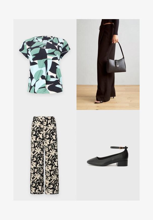 Blusa a maniche corte con motivo a blocchi in verde menta, nero e azzurro chiaro, realizzata in tessuto leggero con scollatura rotonda.; Top corto nero a maniche corte realizzato in materiale liscio, con design peplum e vita cintata adornata da due bottoni tondi in tono argento.; Pantaloni larghi neri con un motivo floreale crema. Realizzati in tessuto leggero, con una texture liscia e una vita alta.; Pump in pelle nera con punta affusolata e tacco basso a blocco. Presenta una cinghia alla caviglia con una fibbia in tonalità oro. Texture liscia.; Borsa nera con forma strutturata, texture liscia e una chiusura metallica. Abbinata a pantaloni neri larghi e sandali open-toe su un pavimento in legno.