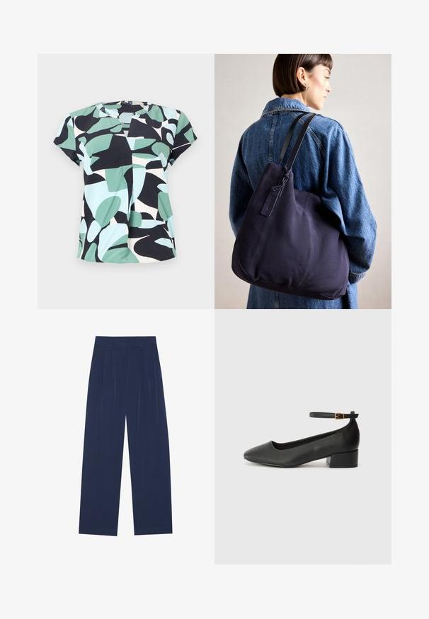 Korte mouwen blouse met een blokpatroon in muntgroen, zwart en lichtblauw, gemaakt van lichtgewicht stof met een ronde halslijn.; Navyblauwe wijde broek van zachte stof, voorzien van voorplooien, een gladde textuur en een rechte pasvorm zonder zichtbare zakken.; Zwarte leren pump met een spitse neus en een lage blokhak. Beschikt over een enkelband met een goudkleurige gespsluiting. Gladde textuur.; Marine canvas schoudertas met een zachte, gestructureerde vorm, voorzien van een zwarte strap, gestikte details en een klein merketiket.