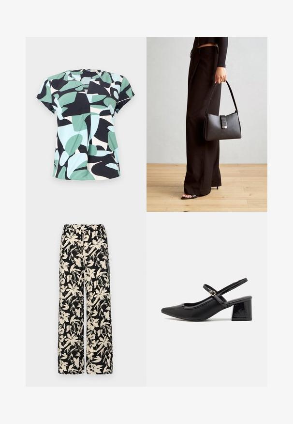 Bluză cu mâneci scurte, cu un model în blocuri de culoare verde mentă, negru și albastru deschis, fabricată dintr-un material ușor, cu decolteu rotund.; Pantaloni negri cu croi larg, decorati cu un model floral crem. Fabricati dintr-un material usor, avand o textura neteda si un talie inalta.; Cizme cu toc slingback din piele sintetică lacuită neagră, cu vârful ascuțit, un design cu decupaj rotunjit și toc bloc. Include un accent cu cataramă de culoare aurie.; Genți negre cu o formă structurată, textură netedă și un închizător metalic. Asortată cu pantaloni negri largi și sandale cu vârf deschis pe un podea din lemn.