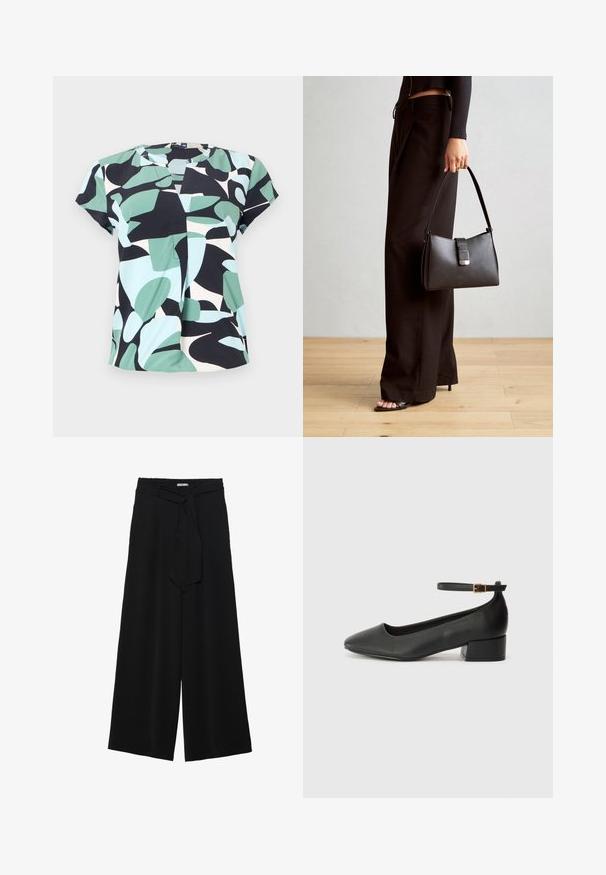 Trumpu rankoviu palaidinė su blokine raštą mėtų žalios, juodos ir šviesiai mėlynos spalvų, pagaminta iš lengvos medžiagos su apvaliu iškirpimu.; Juoda plačių kojų kelnės, pagamintos iš tekstūruoto audinio, su elastingu juosmeniu ir atsegamu diržu juosmenyje, leidžiančiu reguliuoti dydį.; Juodas odinis aukštakulnis batelis su smailiu pirštu ir žemu bloku. Su kulkšnies dirželiu su auksinės spalvos sagtimi. Lygus paviršius.; Juodas rankinė struktūrizuota forma, lygi tekstūra ir metalinis užsegimas. Suporuota su plačiomis juodomis kelnėmis ir atvirais bateliais ant medinių grindų.