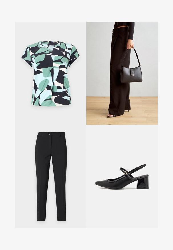Blouse à manches courtes avec un motif en blocs en vert menthe, noir et bleu clair, fabriquée en tissu léger avec un col rond.; Pantalons noirs ajustés en tissu lisse, avec une taille classique, une fermeture éclair sur le devant et des poches latérales au design élégant et sur mesure.; Escarpins slingback en cuir verni noir avec un embout pointu, un design à découpes arrondies et un talon carré. Présente un accent de boucle en ton doré.; Sac à main noir à la forme structurée, texture lisse et fermoir métallique. Associé à un pantalon noir ample et des sandales ouvertes sur un sol en bois.