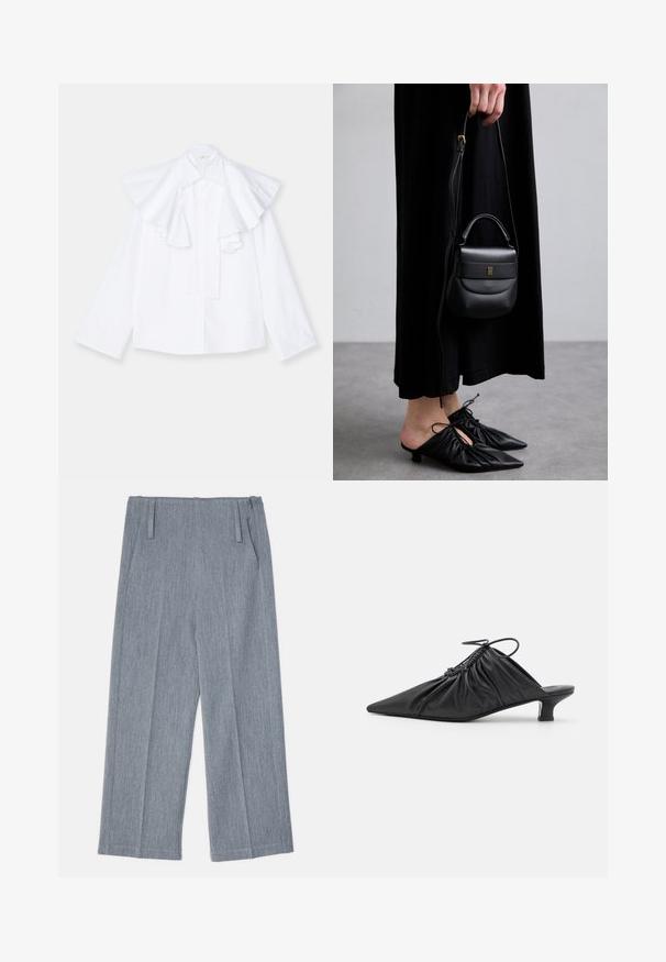 Fehér pamut ing, nagy fodros gallérral és hosszú ujjal, gombos elülső résszel és egyenes fazonnal.; Világosszürke, bőszárú nadrág, texturált anyagból készült, két elülső redővel és két oldalsó zsebbel. Letisztult, igényes dizájn.; Fekete bőr slip-on mules, hegyes orral, gyűrött textúrával és kis kitten sarokkal. Az nyílásnál húzózsinór részlet található.; Kis fekete bőrtáska kerekded formával, felső fogantyúval és levehető pánttal. Fekete szövetruhával és fekete redőzött cipőkkel viselve.