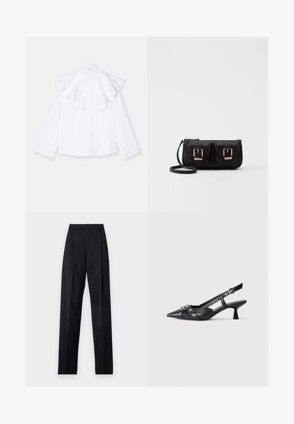 White cotton shirt with a large, ruffled collar and long sleeves, featuring a button-down front and a straight silhouette.; Black trousers made from smooth fabric featuring a high waist, wide legs, front pleats, and classic belt loops. No side pockets visible.; Black leather slingback shoe with a pointed toe, decorative straps featuring metal eyelets, and a low block heel. Textured surface.; Black leather crossbody bag with two front pockets, gold buckles, zipper closure, and a slim strap. Textured surface and compact rectangular shape.