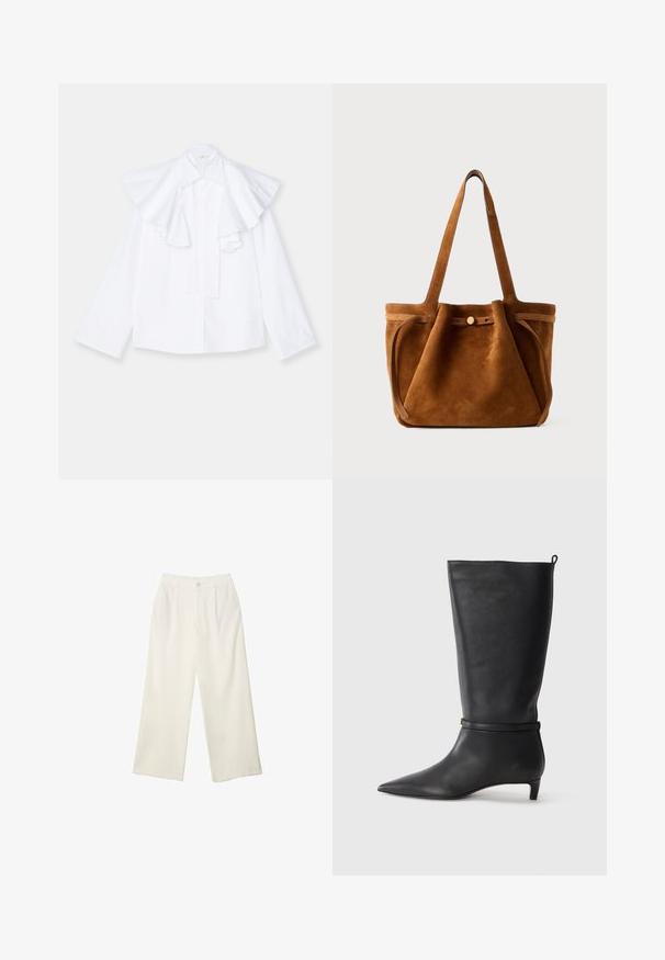 Camicia di cotone bianca con un ampio colletto arricciato e maniche lunghe, caratterizzata da una chiusura con bottoni e una silhouette dritta.; Pantaloni a gamba larga in tessuto crema con una texture liscia, caratterizzati da un singolo bottone frontale, pieghe sottili e un design a vita alta.; Stivale in pelle nera alta fino al ginocchio con punta affusolata, adornato da una fascia circolare attorno alla caviglia e un tacco basso e conico. Texture liscia.; Borsa a tracolla in suede marrone con doppio manico, chiusura a bottone e una forma rilassata, leggermente morbida.
