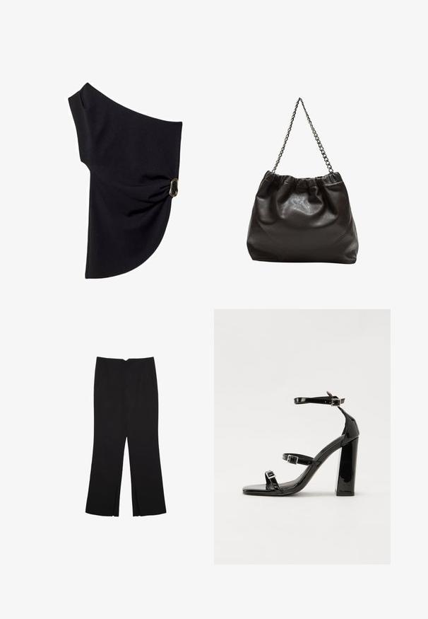 Asymmetrisches schwarzes Oberteil aus glattem Stoff, das ein gerafftes Design mit einem goldfarbenen Hardware-Akzent auf einer Seite aufweist.; Schwarze Hose mit geradem Schnitt, ausgestattet mit Fronttaschen und Seitenschlitzen am Saum. Hergestellt aus weichem, glattem Stoff. Geeignet für verschiedene Anlässe.; Schwarze Lackleder-Sandalen mit hohen Absätzen, zwei Riemen mit Schnallen, quadratischer Zehenpartie und klobigem Blockabsatz, mit einer glatten, glänzenden Textur.; Braune Lederhandtasche mit gerafftem Oberteil und Kettenriemen. Glatte Textur mit glänzendem Finish und subtilen Nahtdetails an den Seiten.