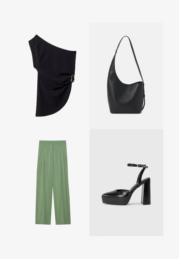 Asymmetrisches schwarzes Oberteil aus glattem Stoff, das ein gerafftes Design mit einem goldfarbenen Hardware-Akzent auf einer Seite aufweist.; Grüne weit geschnittene Hosen aus glattem Stoff. Mit Falten an der Vorderseite, einer Knopfverschluss und Gürtelschlaufen.; Schwarze Plateau-High Heels mit spitzem Zeh und verstellbarem Knöchelriemen. Gefertigt aus glattem Leder und mit einem klobigen Blockabsatz.; Schwarze Leder-Hobo-Tasche mit einer glatten Textur, geschwungener Form und einem einzelnen verstellbaren Tragegurt; verfügt über eine weite Öffnung am oberen Ende.