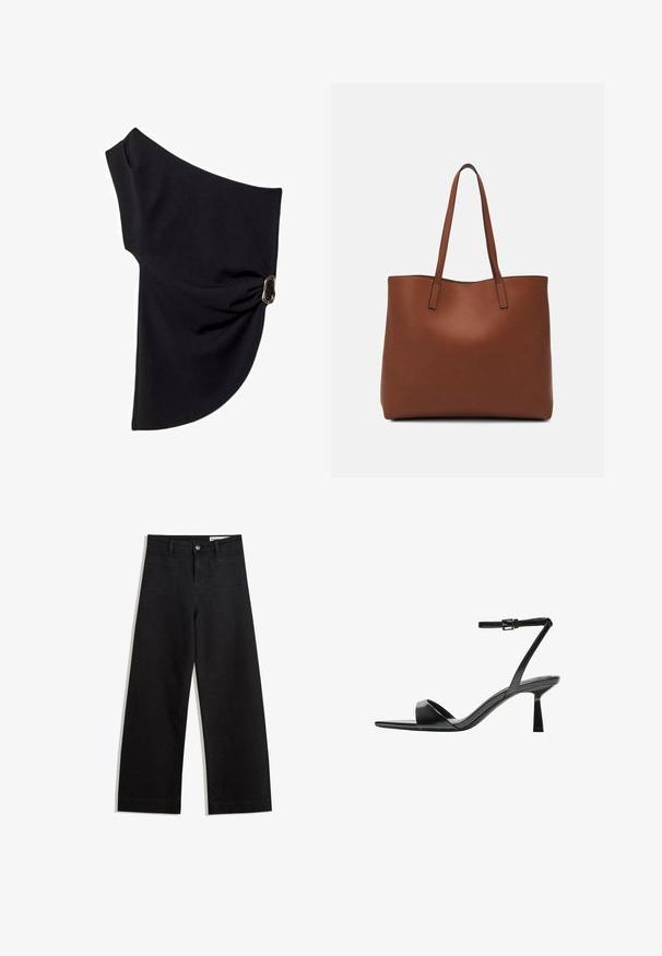 Asymmetrisches schwarzes Oberteil aus glattem Stoff, das ein gerafftes Design mit einem goldfarbenen Hardware-Akzent auf einer Seite aufweist.; Schwarze weit geschnittene Jeans mit hoher Taille, ausgestattet mit Vorder- und Hintertaschen, gesteppten Nähten und einem Knopfverschluss. Glatte Textur.; Bershka High Heel Sandalette - black; Braune Leder-Tote mit glatter Textur, offenem Oberteil und zwei Schulterriemen. Verfügt über minimale Nähte und keine sichtbaren Beschläge.