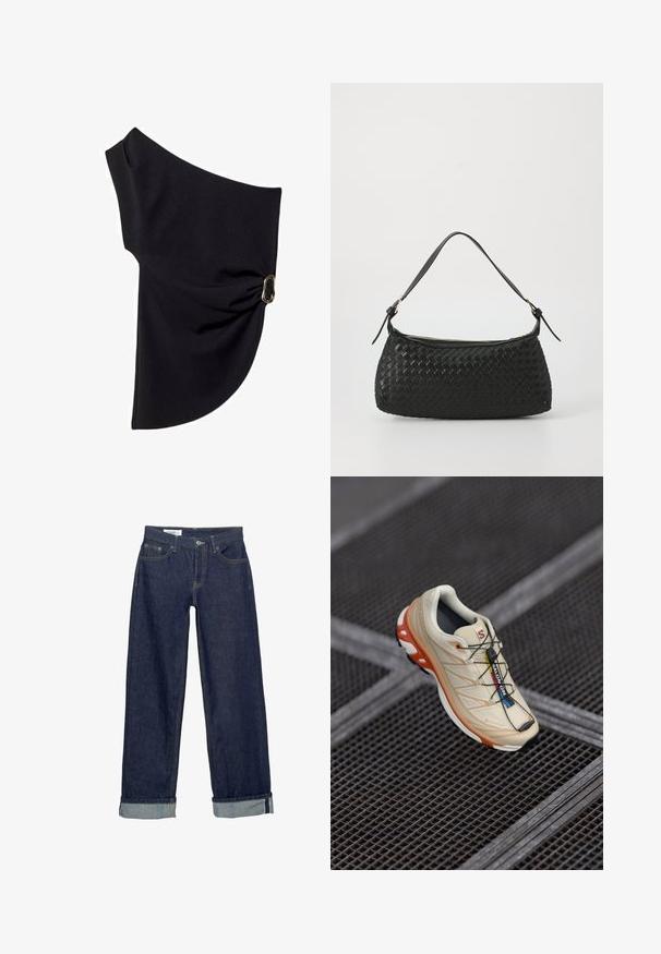 Asymmetrische zwarte top van gladde stof, met een geraffineerd ontwerp en een gouden hardwareaccent aan één kant.; Donkerblauwe denim jeans met een wijd beenontwerp, voorzien van een opgevouwen zoom en klassieke vijf-pocket styling. Afgewerkt met gouden stikselaccenten.; Beige hardloopschoen met oranje accenten, ontworpen met een gestructureerde bovenkant, zwarte buitenzool en geïntegreerde veters. Bevat GORE-TEX branding.; Zwarte geweven schoudertas met een gladleren schouderband en rits sluiting. Heeft een gestructureerd oppervlak en een gebogen vorm.