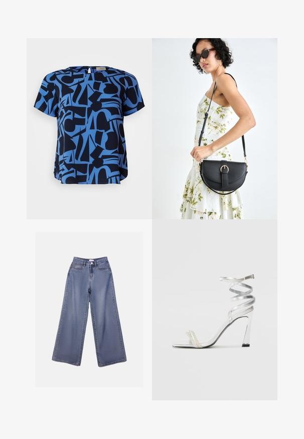 Kortermet bluse i marineblå med et blått abstrakt geometrisk mønster. Har en rund hals og en løs passform med en lett tekstur.; Bredde ben jeans i lys blå vask, med høy livhøyde, frontlommer og knappelukking med beltehemper.; Sølv høyhælte sandaler med et glitrende stroppdesign, som har en perle-lignende akcent og en spiralformet ankelstropp for sikker passform.; Svart lærveske med en buet form, avtagbar stropp og gullbeslag. Vesken har et klaff med spenne-detall.