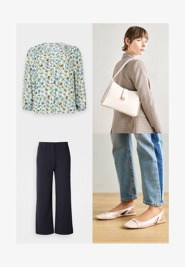 Bloemen blouses met knopen van doorschijnende witte stof, met blauwe en groene bloemen en bruine accenten. Lange mouwen met ruches detail bij de manchetten.; Wijd-zittende broek in donkerblauwe stof. Heeft een vlakke voorkant, riemlussen en zijzakken. Het materiaal is glad met een lichte stretch.; Zachtroze slingback ballerina's met een spitse neus, gemaakt van een glad leerachtig materiaal. Bevat uitsnijdingen aan de zijkanten en heeft een platte hak.; Witte leren handtas met een gestructureerd ontwerp, voorzien van een magneetsluiting en een schouderriem, tentoongesteld tegen een neutrale achtergrond.