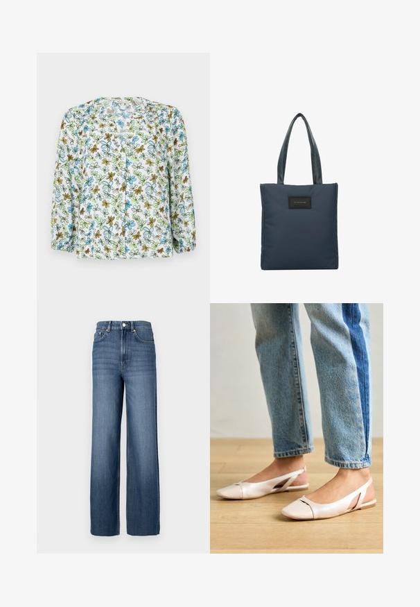 Blumiges Blusenhemd aus transparentem weißen Stoff, mit blauen und grünen Blumen sowie braunen Akzenten. Lange Ärmel mit Raffung an den Bündchen.; Blaue Jeans aus Denim mit hohem Bund und weitem Schnitt. Verfügt über ein klassisches Fünf-Taschen-Design und metallene Knopfdetails.; Blassrosa Slingback-Ballerinas mit spitzem Punkt, aus einem glatten, lederähnlichen Material. Mit Ausschnitten an den Seiten und einem flachen Absatz.; Tote Bag in Marineblau aus glattem Nylon, mit zwei strukturierten Griffen und einem schwarzen rechteckigen Logo-Patch auf der Vorderseite.