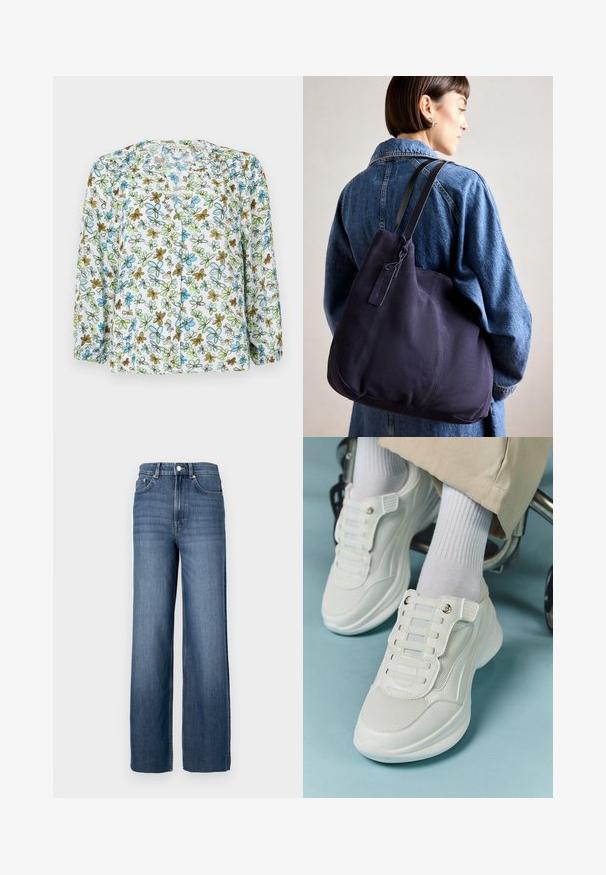 Blusa button-up floreale in tessuto bianco trasparente, con fiori blu e verdi e accenti marroni. Maniche lunghe con dettaglio arricciato ai polsini.; Jeans in denim blu con vita alta e taglio ampio. Caratterizzati da un classico design a cinque tasche e dettagli con bottoni in metallo.; Sneaker bianchi realizzati in materiale a rete, suola in gomma, design senza lacci con bande elastiche e dettagli in tonalità oro.; Borsa a spalla in tela blu navy con una forma morbida e strutturata, dotata di una tracolla nera, dettagli cuciti e una piccola etichetta del marchio.