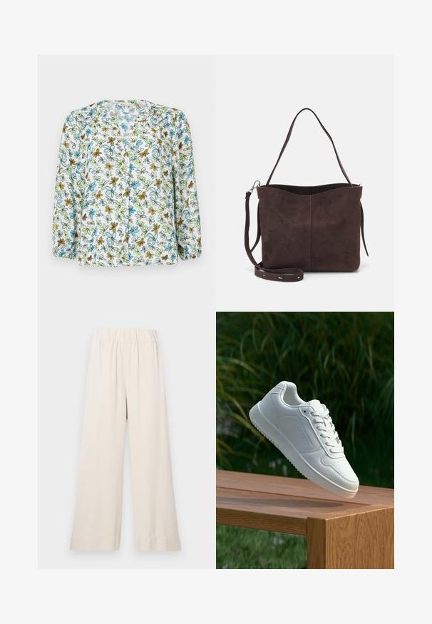 Blomstrede skjorter i gennemsigtig hvidt stof med blå og grønne blomster samt brune detaljer. Lange ærmer med samlet detalje ved manchetterne.; Bredde ben bukser i en lys beige farve, lavet af blødt stof med en elastisk talje og uden synlige lukninger eller lommer.; Hvid sneaker med en glat syntetisk overdel, perforeret tåboks, flade snørebånd og en tekstureret sål, præsenteret på en træoverflade.; Brun ruskinds tote bag med en blød tekstur, der har en enkelt skulderrem og en diskret buet topåbning. Ingen synlige hårde detaljer.