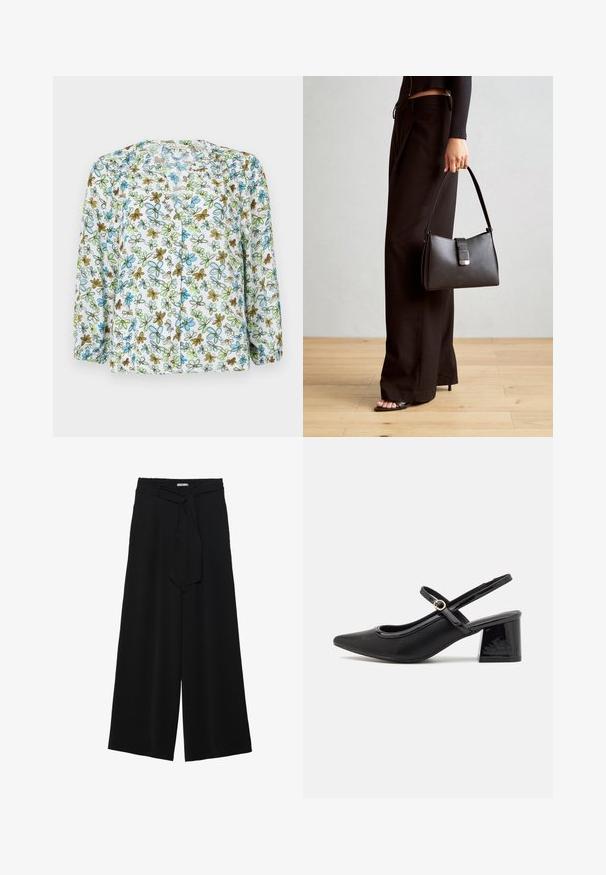 Blusa de botones floral en tela blanca transparente, con flores azules y verdes y detalles en marrón. Mangas largas con detalle de fruncido en los puños.; Pantalones de pierna ancha negros con un tejido texturizado, una cinturilla elástica y un lazo desmontable en la cintura para un ajuste ajustable.; Tacones slingback de charol negro con punta afilada, un diseño de corte redondeado y tacón bloque. Incluye un detalle de hebilla en tono dorado.; Bolso negro con forma estructurada, textura suave y un cierre metálico. Combinado con pantalones anchos negros y sandalias de dedo en un suelo de madera.