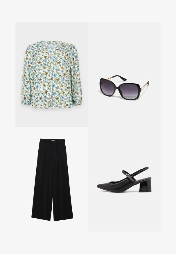 Cvetna bluzica s gumbi iz prosojnega belega blaga, ki prikazuje modre in zelene rože z rjavimi akcenti. Dolgi rokavi z naborkom pri manšetah.; Črne široke hlače iz teksturirane tkanine, z elastičnim pasom in odstranljivim trakom na pasu za prilagodljivo prileganje.; Črne patentne usnjene salonarce s slingback obliko, s koničastim nosom, zaobljenim izrezom in blok peto. Imajo zlato kovinsko zaponko kot dodatno okrasje.; Črne prevelike sončne očala z degradacijskimi lečami, debelimi okvirji in zlatimi verižicami na ročajih.; Črna torbica z strukturirano obliko, gladko teksturo in kovinskim zaponko. Ujemajo se z širokimi črnimi hlačami in odprtimi sandali na lesenem tleh.