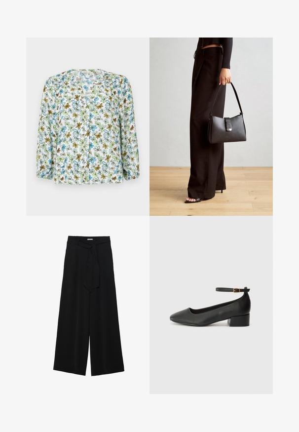 Blumiges Blusenhemd aus transparentem weißen Stoff, mit blauen und grünen Blumen sowie braunen Akzenten. Lange Ärmel mit Raffung an den Bündchen.; Schwarze weite Hosen aus strukturiertem Stoff, mit elastischem Bund und einem abnehmbaren Bindegürtel in der Taille für eine verstellbare Passform.; Schwarze Lederpumps mit spitzem Zehenbereich und niedrigem Blockabsatz. Mit einem Knöchelriemen und einer goldfarbenen Schnalle. Glatte Textur.; Schwarze Handtasche mit strukturierter Form, glatter Textur und einem metallischen Verschluss. Kombiniert mit weiten schwarzen Hosen und offenen Sandalen auf einem Holzboden.