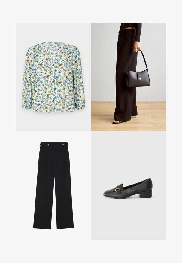 Lille, valgete ja läbipaistvate kangast lilleline särk, millel on sinised ja rohelised lilled pruunide aktsentidega. Pikad varrukad, millel on kogumise detailid mansettides.; Mustad laiad püksid kõrge vöökoha ja nööpdetailidega vööandil, esikortsudega.; Mustad nahast loafers madala kontsaga, millel on esiküljel dekoratiivne kuldne detalj ja sile tekstuur.; Must musta kott, millel on struktureeritud kuju, sile tekstuur ja metallist klamber. Kombineeritud laiate mustade pükstega ja avatud varvaste sandaalidega puidust põrandal.