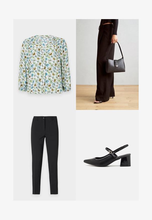Blomstret skjorte i gjennomsiktig hvitt stoff, med blå og grønne blomster og brune detaljer. Lange ermer med rynkedetalj ved mansjettene.; Sorte tettsittende bukser i glatt stoff, med klassisk midjebånd, frontal glidelås og sidelommer, med en strømlinjeformet, skreddersydd design.; Sorte lakk lær slingback hæler med spiss tå, et avrundet utskjæringsdesign og blokkheel. Har en gulltone spenne som detalj.; Svart håndveske med strukturert form, jevn tekstur og metallisk lås. Kombinert med brede svarte bukser og sandaler med åpen tå på tregulv.
