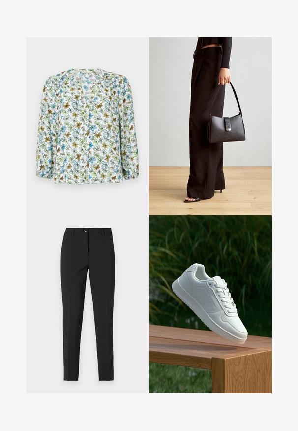Gėlių mygtukų marškiniai pagaminti iš permatomos baltos medžiagos, puošti mėlynomis ir žaliomis gėlėmis su rudais akcentais. Ilgos rankovės su sukaupta detale prie riešų.; Juodos prigludusios kelnės iš lygaus audinio, su klasikiniu juosmeniu, priekiu užtrauktuku ir šoninėmis kišenėmis, turinčios elegantišką, pritaikytą išvaizdą.; Balti sneakeriai su lygia sintetine viršutine dalimi, perforuota pirštų zona, plokščiomis raištelėmis ir tekstūruotu padu, padėti ant medinės paviršiaus.; Juodas rankinė struktūrizuota forma, lygi tekstūra ir metalinis užsegimas. Suporuota su plačiomis juodomis kelnėmis ir atvirais bateliais ant medinių grindų.