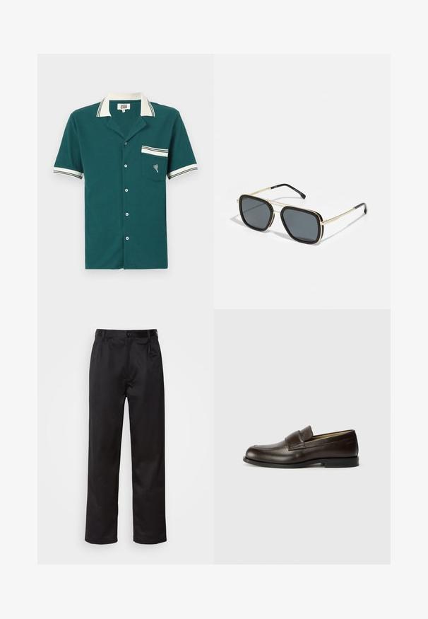 Koszulka z krótkim rękawem w kolorze teal, z teksturowanej tkaniny, białym kołnierzykiem i akcentami rękawów, przednią kieszenią oraz ozdobnym haftem w kształcie serca.; Czarne spodnie wykonane z gładkiego materiału, z zapięciem na guzik z przodu, plisami i prostymi nogawkami. Brak widocznych wzorów lub akcentów.; Calvin Klein - Półbuty wsuwane; Czarno-złote okulary przeciwsłoneczne o kwadratowym kształcie, metalowej oprawie, ciemnoszarych soczewkach i czarnych końcówkach zauszników. Wyposażone w podwójny mostek.