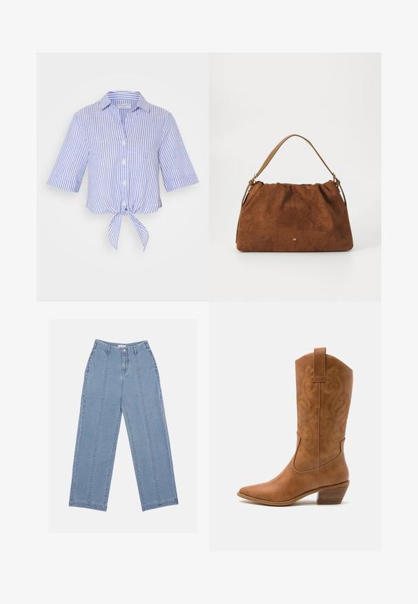 Košile s krátkým rukávem a límečkem v modro-bílé pruhované úpravě s detailem na přední části vázání. Vyrobena z lehké tkaniny se zapínáním na knoflíky.; Světle modré džínové kalhoty s širokými nohavicemi. Mají vysoký pas, knoflíkové zapínání a viditelné prošití. Na přední straně nejsou viditelné kapsy.; Hnědé kožené kovbojské boty s špičatou špičkou, vyšívanými spirálovými vzory na štítech a s blokovým podpatkem. Obsahují poutko pro snadné obouvání.; Hnědá semišová kabelka se skládáním, s jedním světlým koženým popruhem a decentním zlatým logem na přední straně.