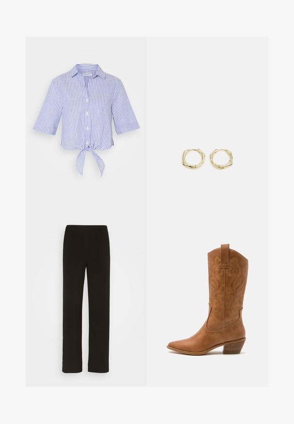 Krátky rukáv, košeľa s golierom v modro-bielych pruhovaných vzoroch a s detailom viazania vpredu. Vyrobená z ľahkej tkaniny s gombíkovým zapínaním.; Čierne nohavice s rovnými nohavicami vyrobené z tkaniny, so plochým predkom, dvoma bočnými vreckami a hladkou textúrou. Žiadne viditeľné vzory ani akcenty.; Hnedé kožené kovbojské topánky s špicatou špičkou, vyšívanými vírivkami na štýle a blokovým podpätkom. Obsahuje praktický pútko na ľahké obúvanie.; Zlaté kruhové náušnice s textúrovaným, nepravidelným tvarom. Majú bezšvové uzatváranie a lesklý povrch, čo podčiarkuje moderný dizajn.