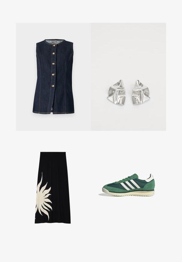 Ærmeløs denimvest i mørkeblå, med rund halsudskæring, frontlukning med knapper og guldfarvede knapper med stikningsdetaljer.; Sorte nederdel med et stort hvidt soldesign på den ene side, blød tekstur og en svævende form, velegnet til afslappet brug.; Grønne sportsko med en kombination af ruskind og syntetiske materialer, tre hvide striber og en struktureret gummisål.; Sølvmetal øreringe med et bølgende, skulpturelt design, der har en poleret overflade og uregelmæssige former, hvilket fremhæver en moderne æstetik.