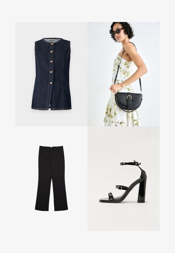 Ärmellose Jeansweste in Dunkelblau mit rundem Ausschnitt, vorderem Knopfverschluss und goldfarbenen Knöpfen mit Steppnähten.; Schwarze Hose mit geradem Schnitt, ausgestattet mit Fronttaschen und Seitenschlitzen am Saum. Hergestellt aus weichem, glattem Stoff. Geeignet für verschiedene Anlässe.; Schwarze patentierte Sandalen mit Absatz, quadratischer Spitze, Knöchelriemen und silbernen Schnallen. Mit einem stabilen Blockabsatz für mehr Stabilität.; Schwarze Lederhandtasche mit geschwungener Form, abnehmbarem Tragegurt und goldenen Beschlägen. Die Tasche verfügt über einen Deckel mit einer Schnallen-Details.