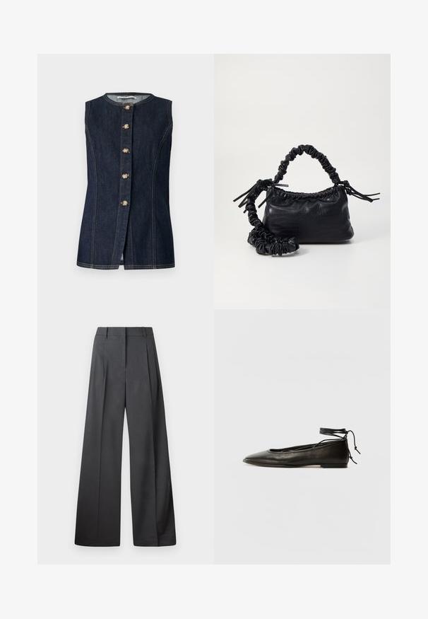 Vest din denim fără mâneci, de culoare albastru închis, cu decolteu rotund, închidere frontală cu nasturi și nasturi de culoare aurie cu detalii de cusătură decorativă.; Pantaloni culți din țesătură gri închis, cu talie înaltă, pliuri simple și o textură netedă, cu o finisare curată la tivuri.; Balerini din piele neagră, cu vârf ascuțit, șnur pentru glezna și talpă plată, având o textură netedă și un design minimalist.; Geantă din faux leather neagră cu textură de crocodil, cu partea superioară strânsă și o curea mototolită. Pare moale și compactă ca design.